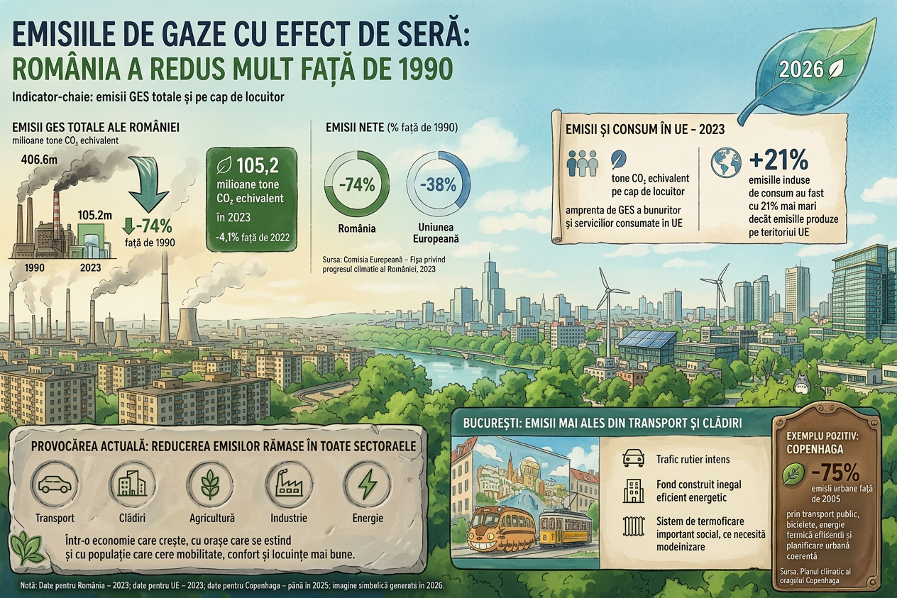 Emisiile de gaze cu efect de seră: România a redus mult față de 1990, dar testul real abia începe